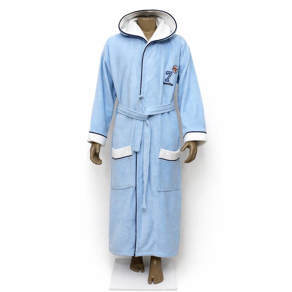 Kids Hooded Bathrobe 100% Cotton Blue 10-12Y Soft Terry Robe Belted